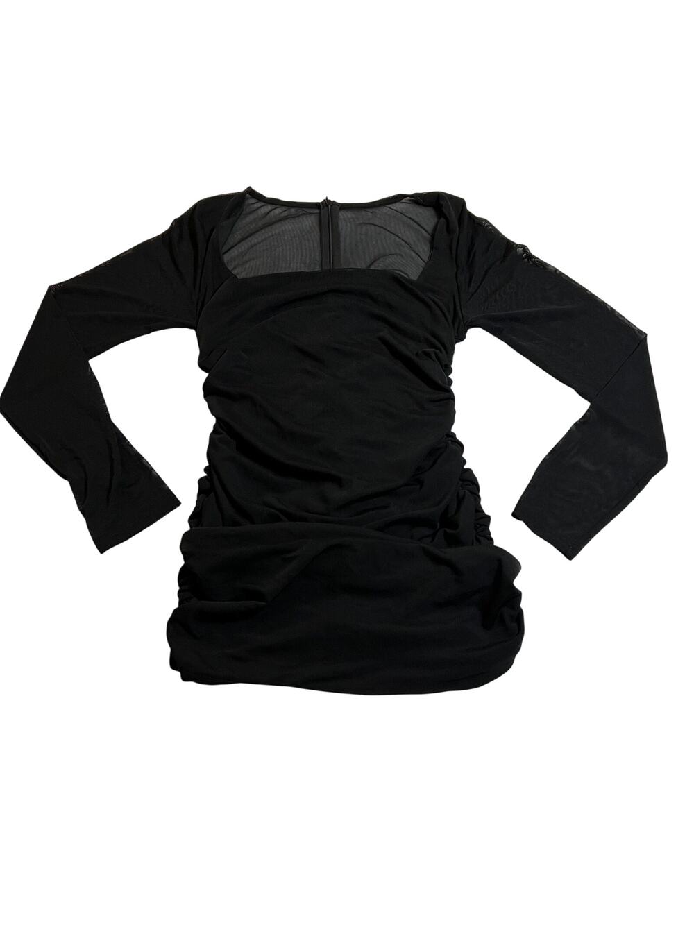 Women's Square Neck Ruched Bodycon Mini Dress Size S Mesh Sleeves Going Out Date
